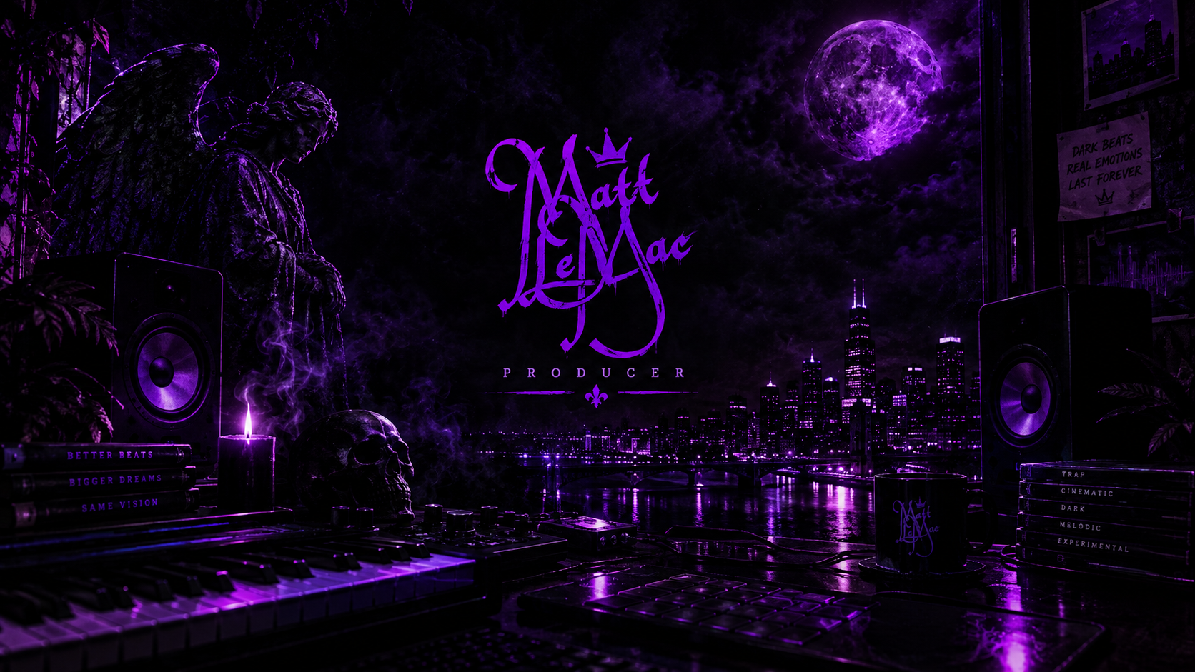 Matt LeMac's midnight studio overlooking a violet city skyline